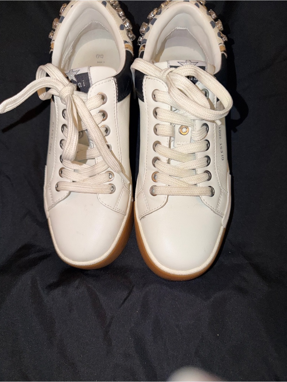 Gianni Bini White Leather Low-Top Sneakers with Black, leopard and jewel accents